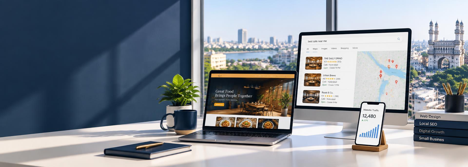Digital workspace showing a business website, local search results and online growth